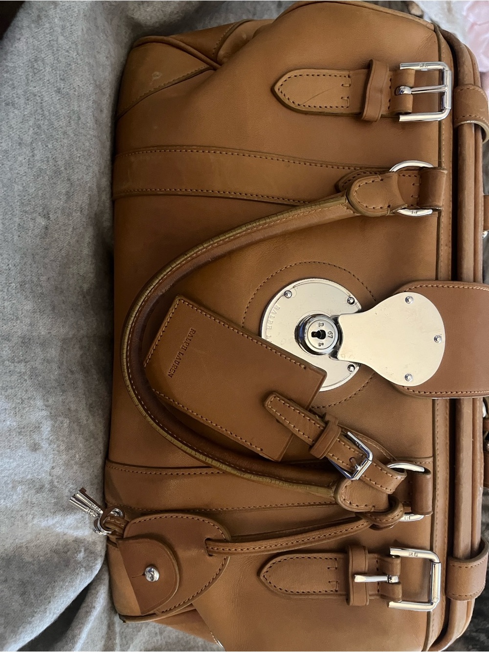 Ralph Lauren Purple Label Cognac/Tan Leather Satchel with Silver Hardware